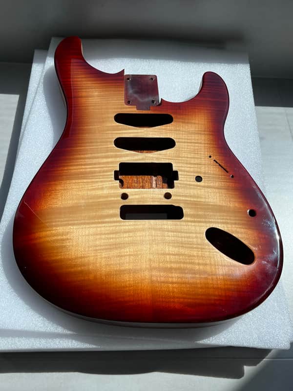 Vibrato system Strat Style Electric Guitar Body - Mahogany Core with 4a Flame Maple Top, Gloss 3-Color Sunburst Finish, S-S-H Pickup Routing, for DIY Build image 1