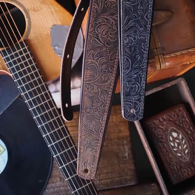 LM Products Premier Leather Guitar Strap Black Western Tooled PM-13 *Free Shipping in the USA* image 3