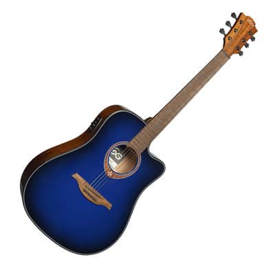 Lag T-BLUE-DCE Tramontane Limited Edition Dreadnought Cutaway Solid Red Cedar Top Mahogany Neck 6-String Electric-Acoustic Guitar image 5