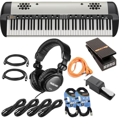 Korg SV-2SP 73-Key Stage Piano w/ Speakers (Creme) (Korg DS-2H Included), Korg EXP-2 Pedal, (4) 1/4 Cables, (2) Midi Cables, (2) XLR Cables, Tascam TH02 Bundle