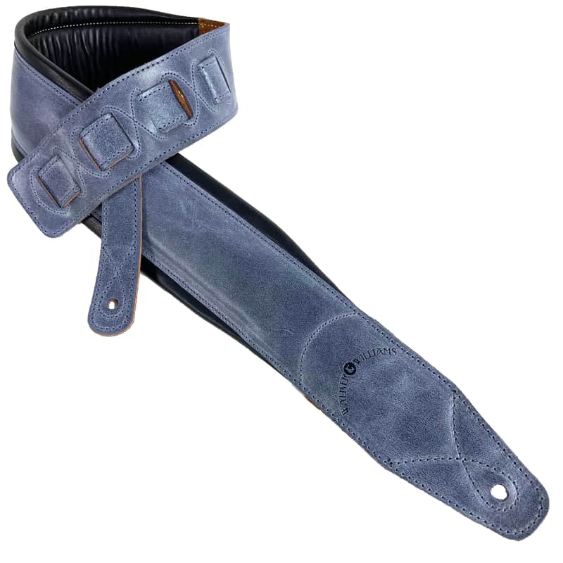 C-22-BLU Handmade 3" Wide Double Padded Premium Grain Leather Guitar Strap Washed Blue Denim Finish image 1