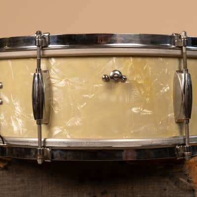 1960s Gretsch 5.5x14 Dixieland White Marine Pearl Snare Drum image 3