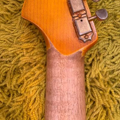 Stratocaster -1963 replica, Chunky highly figured Brazilian Rosewood slab Musikraft neck/ JM Rolph 1963 pickups/ nitro guard /mjt relic Purple Mist body/ relic gold hardware image 8