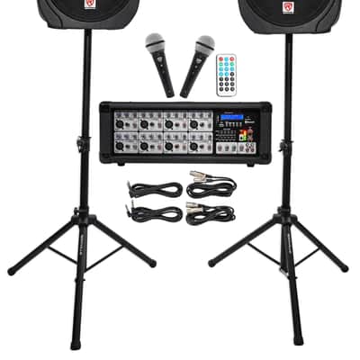Rockville RPG2X15 Package PA System Mixer/Amp+15" Speakers+Stands+Mics+Bluetooth image 1