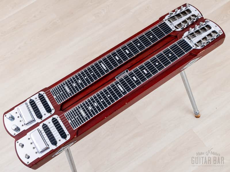 1955 Fender Stringmaster Dual 8 Console Lap Steel Double Neck Push Button, Red w/ Legs & Tweed Case image 1