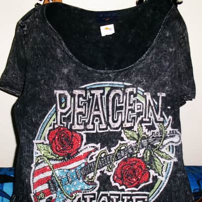 peace n love S -M woman 100% organic tee red-white sparkle strat logo tee - rock n roll art metal blues hippie fender image 3