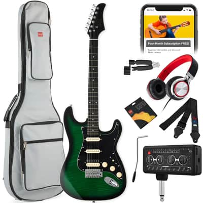 Beginner Electric Guitar Kit w/ Headphone Amp, Padded Gig Bag, Headphones - Green image 1