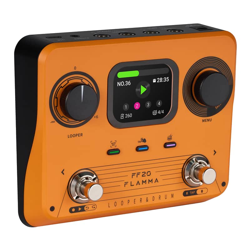FLAMMA FF20 Looper Pedal Drum Machine Drum Looper Guitar Pedal with Screen 300 Min Recording 220 Drum Grooves 100 Loop Slots Time Stretch Auto Record USB & Headphone Out for Guitar and Bass Orange image 1