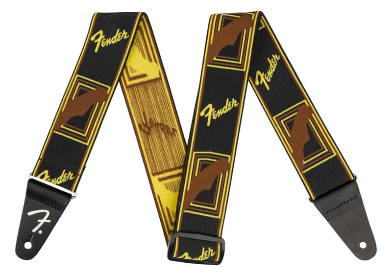 Fender WeighLess 2" Monogrammed Strap Black/Yellow/Brown image 1