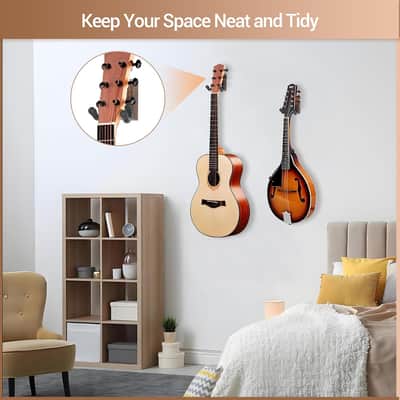 Guitar Wall Hanger, 2 Pack Black Walnut Guitar Wall Mount, Guitar Wall Hanger Sets With 5 Picks And Holder, Wood Guitar Wall Hanger For Acoustic/Electric Guitar, Banjo, Bass, Mandolin, Ukulele image 5