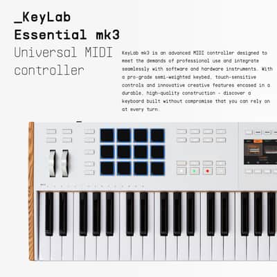 Arturia KeyLab Mk3 61 Keyboard MIDI Controller with DAW Integration and Enhanced Keybed (White) Bundle with Adjustable Z-Stand, Piano Style Sustain Pedal, Dust Cover, and 10 Feet MIDI Cable (5 Items) image 2