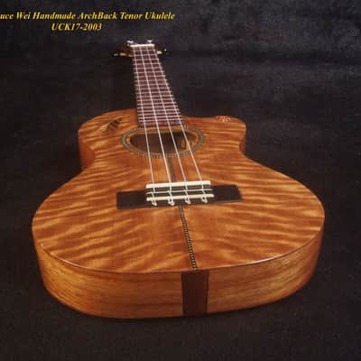 Handmade ArchBack Tenor Ukulele, Solid Quilted Maple, Leaf decor, Soft-bag, Bruce Wei UCK17-2003 image 4
