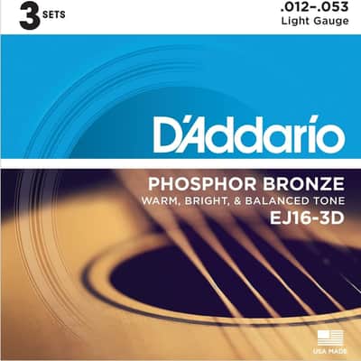 D'Addario EJ16-3D Phosphor Bronze Acoustic Guitar Strings 3-Pack, Light Gauge