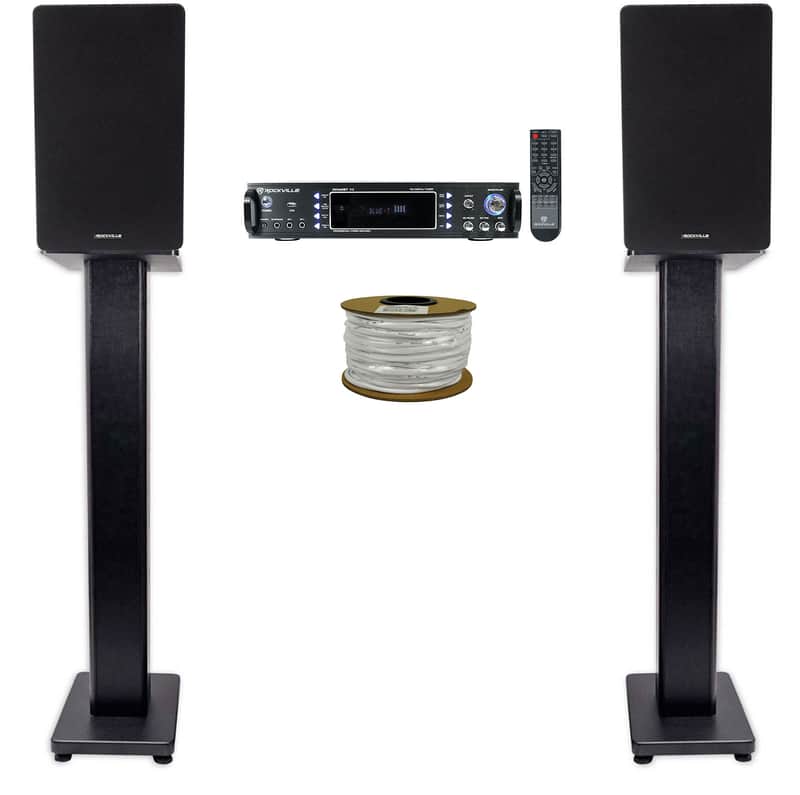 Rockville RPA60BT Receiver+(2) 6.5" Black Bookshelf Speakers+Black 36" Stands + Rockville R14GSBR100 Red/Blk 14 Gauge 100' Ft. Mini Spool Car Audio Speaker Wire image 1
