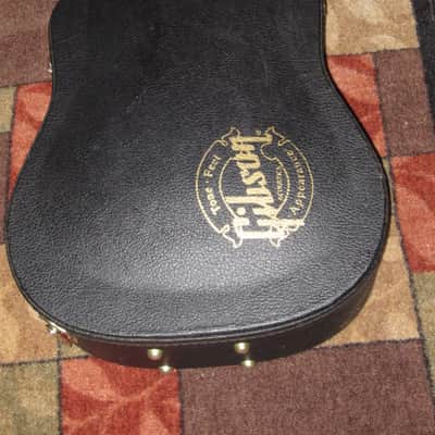 used genuine Gibson Dreadnought Hardshell Case from 2000s - Black Tolex Exterior, Wood Construction, Blue Plush Padded Interior, Gold Colored Hardware, lid has Gibson Acoustic Logo, fits square / round shoulder & cutaway dreadnought (NO guitar included) image 10