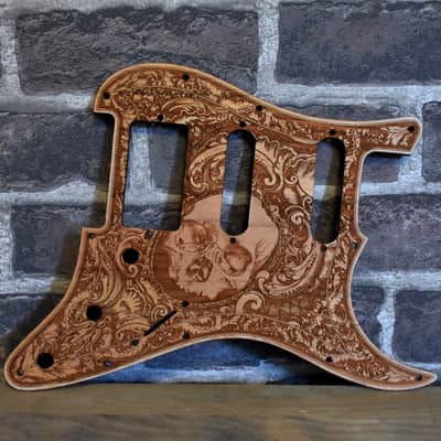 Wood Pickguard for Stratocaster HSS and SSS Laser engraved Real Cherrywood with Unique Artwork image 1