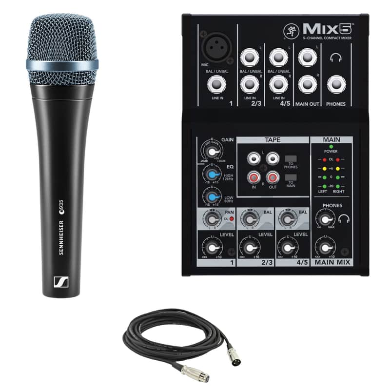 Sennheiser e 935 Cardioid Dynamic Vocal Microphone with Mackie Mix5 5-Channel Compact Mixer & XLR Cable image 1