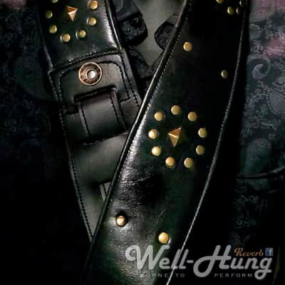 Immagine Well-Hung Forever Randy "Brass Pyramid" 3" wide padded black leather guitar strap - 3