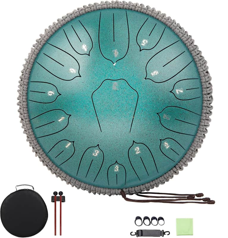 Steel Tongue Drum 12 Inch 15 Notes: Handpan Drums Set with Music Book Mallets Carry Bag - Hand Pan Instrument for Adults Musical Education Meditation Yoga Chakra (Green) image 1