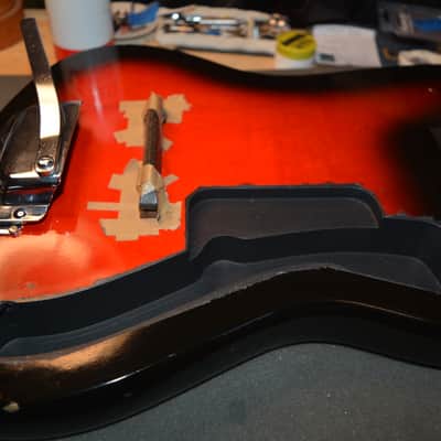 c. 1966 Vintage Harmony Holiday Bobcat, in Redburst w/DeArmond Gold foil PU's. New Black Dunlop Straplocks & New tuners installed, Fret markers installed, Ground installed & Set-Up, plus New Garry Black Hardshell Case image 14