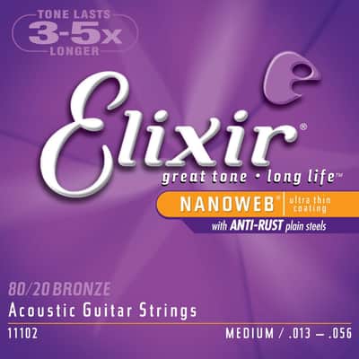Elixir 11102 Nanoweb 80/20 Bronze Acoustic Guitar Strings - Custom Medium (13-56) image 1