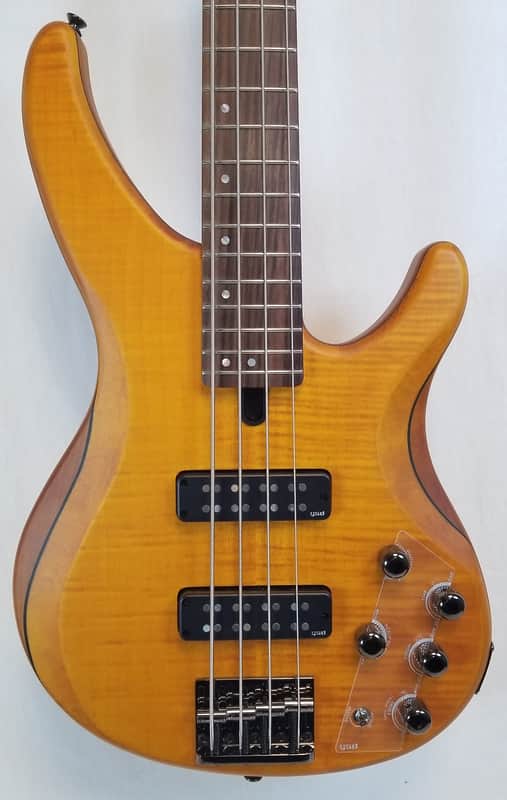 Yamaha TRBX604FM Flame Top 4 String Electric Bass, 3-Band Active EQ , Matte Amber image 1