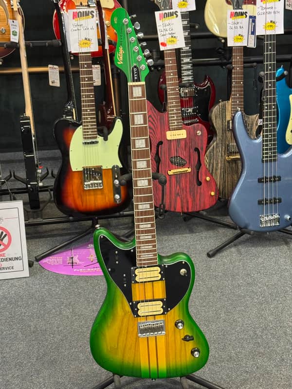 Vintage REVO Series 'Integra' Guitar ~ Green/Yellow Burst image 1