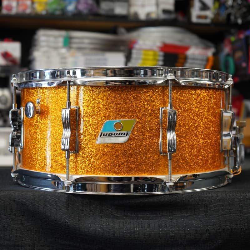 1970s USA Ludwig 6.5x14" Maple Snare Drum - Blue/Olive Badge - Gold Sparkle Wrap image 1