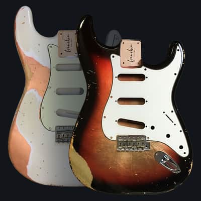 Made to Order - FRANCHIN Mercury guitar body Relic Aged Nitro Lacquer OVER METALLIC LEAF (Sunburst/ Black/ White/ Blue/ Green/ Yellow/ Red/ Pink/ Burgundy/ Purple/ Gold/ Silver/ Copper, etc.) Basswood Poplar Stratocaster-Strat-S-Style Made in Italy image 1