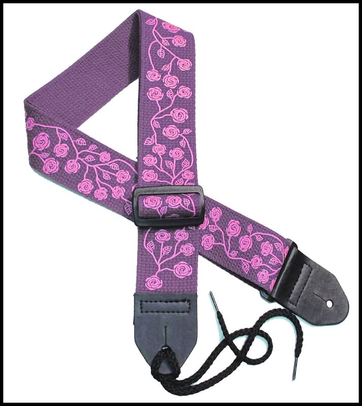 Girls Guitar Strap 2" Cotton Guitar Strap with Neon Pink Roses on a Purple Strap image 1