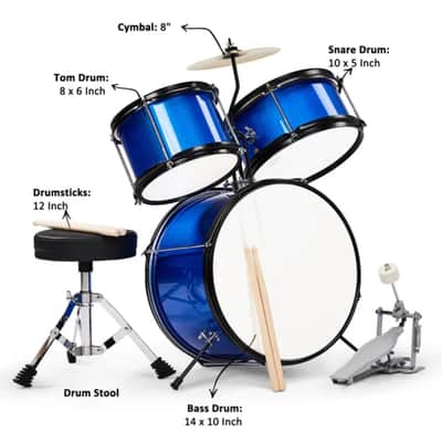 3-Piece Complete Junior Kids Drum Set Kit w/ Cymbal, Kick Pedal, Stool & Sticks – Dark Blue image 4