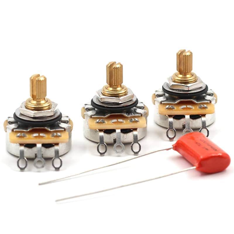 CTS 250K Short Split Shaft Audio Pots - 450G Series - Lot of 3 (3X) + .047uf Orange Drop Cap for Fender Strat image 1
