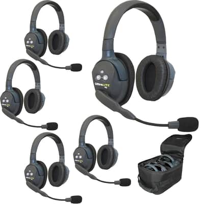 EARTEC UL5D Ultralite 5 Person Full Duplex Wireless Intercom System with 1x Dual-Ear Master Headset, 4X Dual-Ear Remote Headset, 5X Batteries, 8-Bay Charger and Softside Case image 1