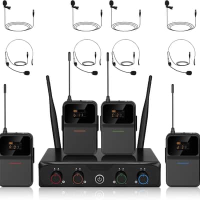 4-Channel Wireless Microphone System,UHF Compact Cordless Mic Set w/ 4x10 Frequencies, 200ft Range, 4 Bodypacks & Headset/Lapel Microphones for Singing, Church, Conference image 1