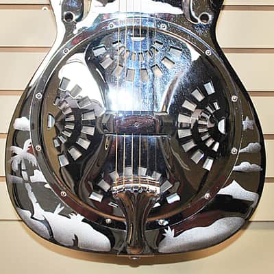 1995 Dobro USA DM-33H DM33H Chromed Brass Resonator Round Neck Guitar w Etched Hawaiian Motif Excellent Condition w OHSC and Booklet. image 1