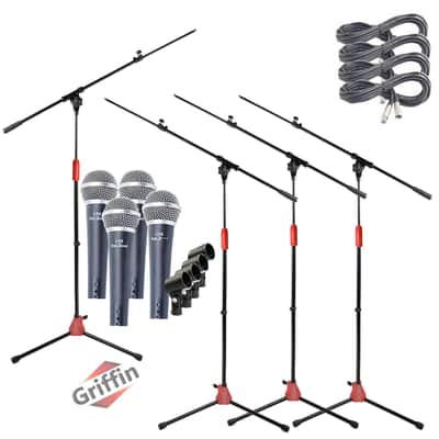 Griffin Microphone Stand with Telescoping Boom Arm, 20 Ft XLR Cable Handheld Dynamic Mic & Clip (Pack of 4) - Pro-Audio Cardioid Singing Microphones for Studio Recording & Live Stage Performance