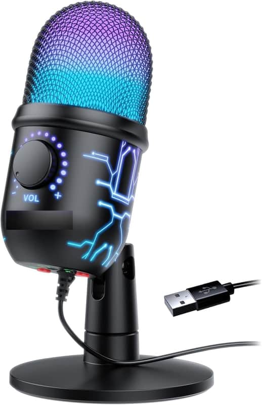 Gaming Microphone, USB Computer Microphone for PC, Mac, PS4/5, Condenser Podcast Mic for Studio Recording, YouTube, Streaming, with Headphone Jack, Led Light, Mute, Gain, Noise Cancellation image 1