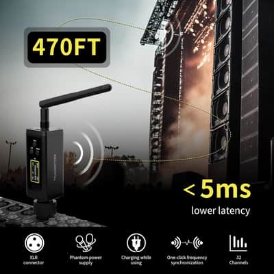UHF Wireless XLR Transmitter and Receiver with Dual Antennas, 470ft Range, Auto Channel Scanning, Plug-on Wireless Mic Adapter for Audio Mixer, Sound Field Test, Acoustic Measurement image 2