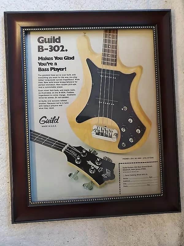 1978 Guild Guitars Color Promotional Ad Framed B-302 Bass Original image 1
