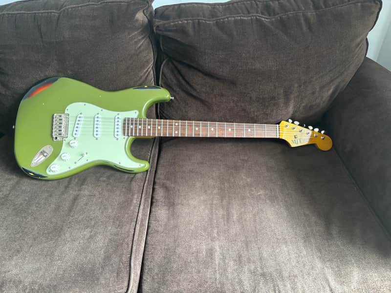 MJT Stratocaster 2024 - Olive Drab over 3 tone Sunburst image 1