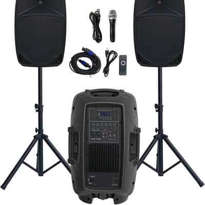 12inch PA Speaker System, 1000W High Powered Bluetooth Compatible Active + Passive Pair Outdoor Sound Speakers, Outdoor Karaoke Machine，FM Radio, Remote Control, 2 Speaker Stand, Supports SD Card/USB image 1