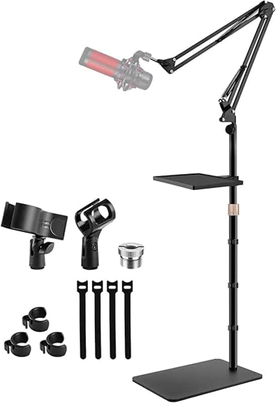 Microphone Stand Floor with Tray & Boom Arm, 5.5lbs Weighted Base, Height Adjustable Studio/Podcast Mic Stand w/ 3/8'' to 5/8'' Adapter & 2 Mic Clips Compatible with Blue Yeti QuadCast AT2020 image 1