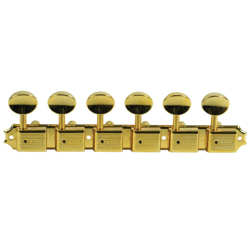 Kluson 6 On A Plate Deluxe Series Tuning Machines - Single Line - Gold With Oval Metal Buttons image 1