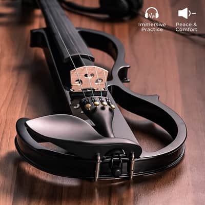 Electric Violin Full Size 4/4, Black Silent Electric Violin, Solid Wood Metallic Electric Fiddle with Ebony Fittings, Beginner Kit for Adults Teens image 2