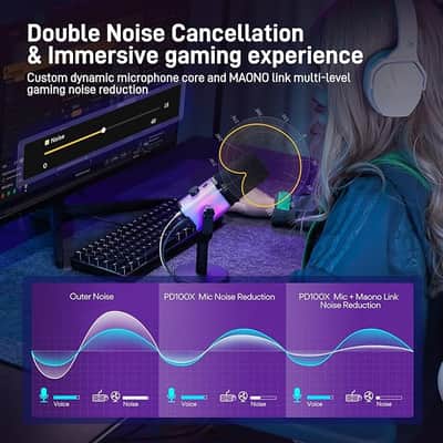 XLR/USB Gaming Microphone with Software, Dynamic PC Microphone with RGB for Streaming Podcast Vocal Recording, Computer Mic with Noise Cancellation, Mute Button, Gain Knob, Desktop Stand PD100X image 2