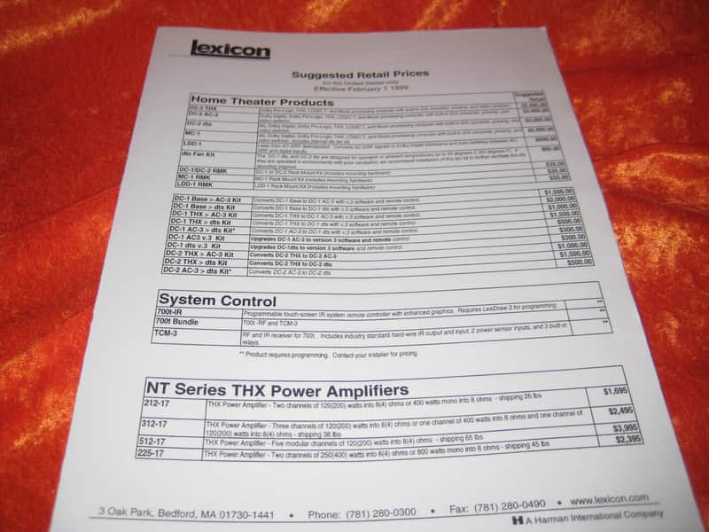 Lexicon Products Price Sheet Brochure from 1999 image 1