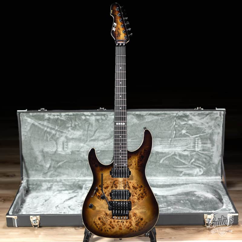 ESP E-II SN-II Left-Handed Burled Maple Top Guitar w/ Case – Nebula Black Burst image 1
