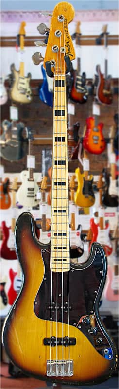Fender 1973 Jazz Bass, Black-Block Markers, 3-Color Sunburst (Pre-Owned) image 1