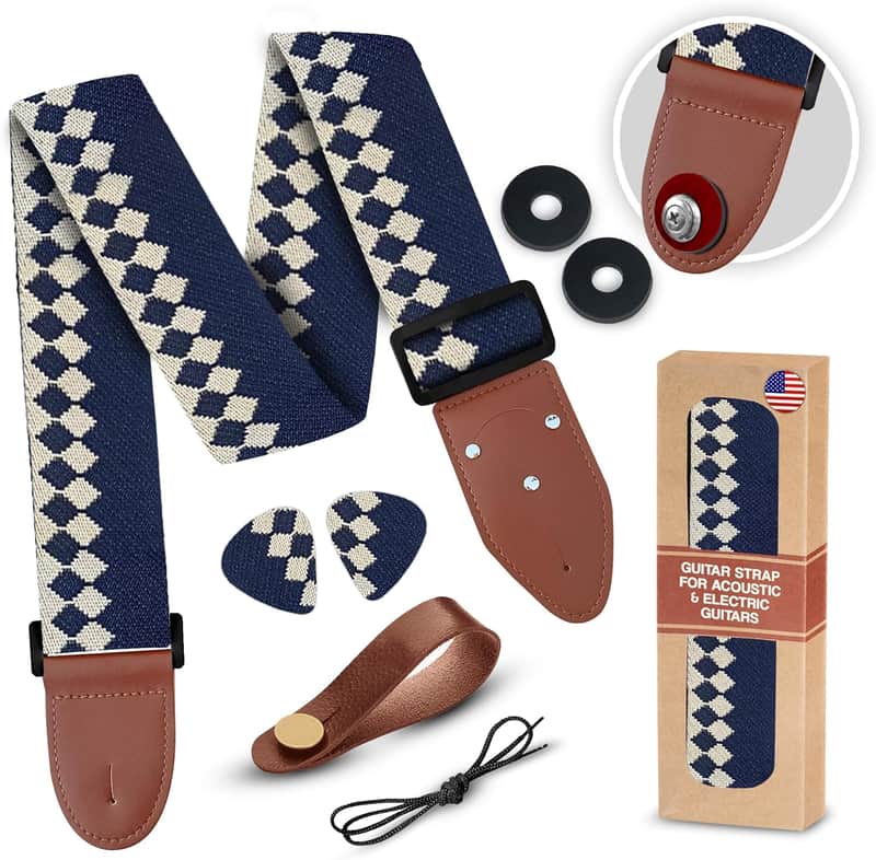 Guitar Strap Premium Padded For Electric, Acoustic, and Bass. Adjustable Unique Design Guitar Straps Includes 2 Strap Locks To Keep Your Guitar Safe - Discover Durability Comfort and Style - Blue image 1