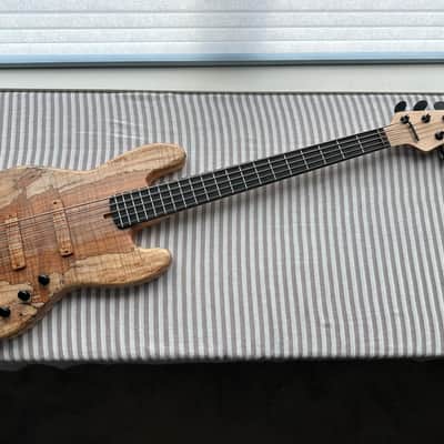 MG Bass MGBASS JB1 SPALTED MAPLE 5-string bass, Made in USA, SPALTED MAPLE top, ASH body, 3-piece MAPLE neck, EBONY fretboard, BARTOLINI pickups and preamp, Italia Leather Straps 4” wide Acorn Amber strap, GATOR hardshell case image 1